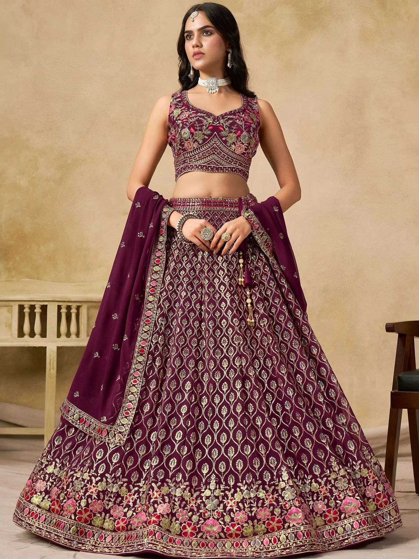 Tulsi Art Alluring Maroon Zari Embroidered Georgette Wedding Wear Lehenga Choli
