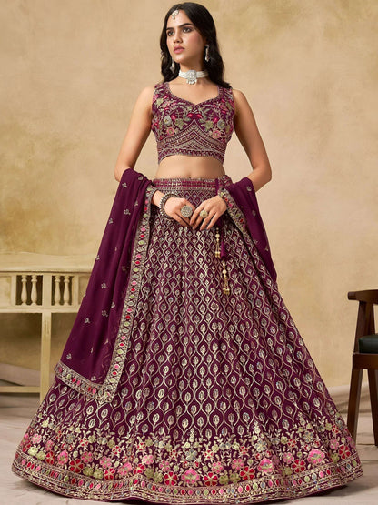 Tulsi Art Alluring Maroon Zari Embroidered Georgette Wedding Wear Lehenga Choli