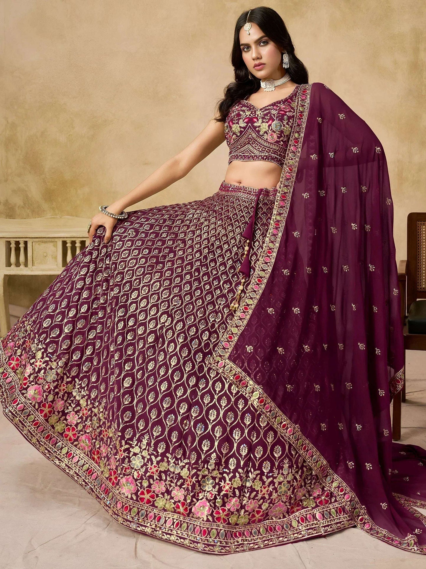 Tulsi Art Alluring Maroon Zari Embroidered Georgette Wedding Wear Lehenga Choli