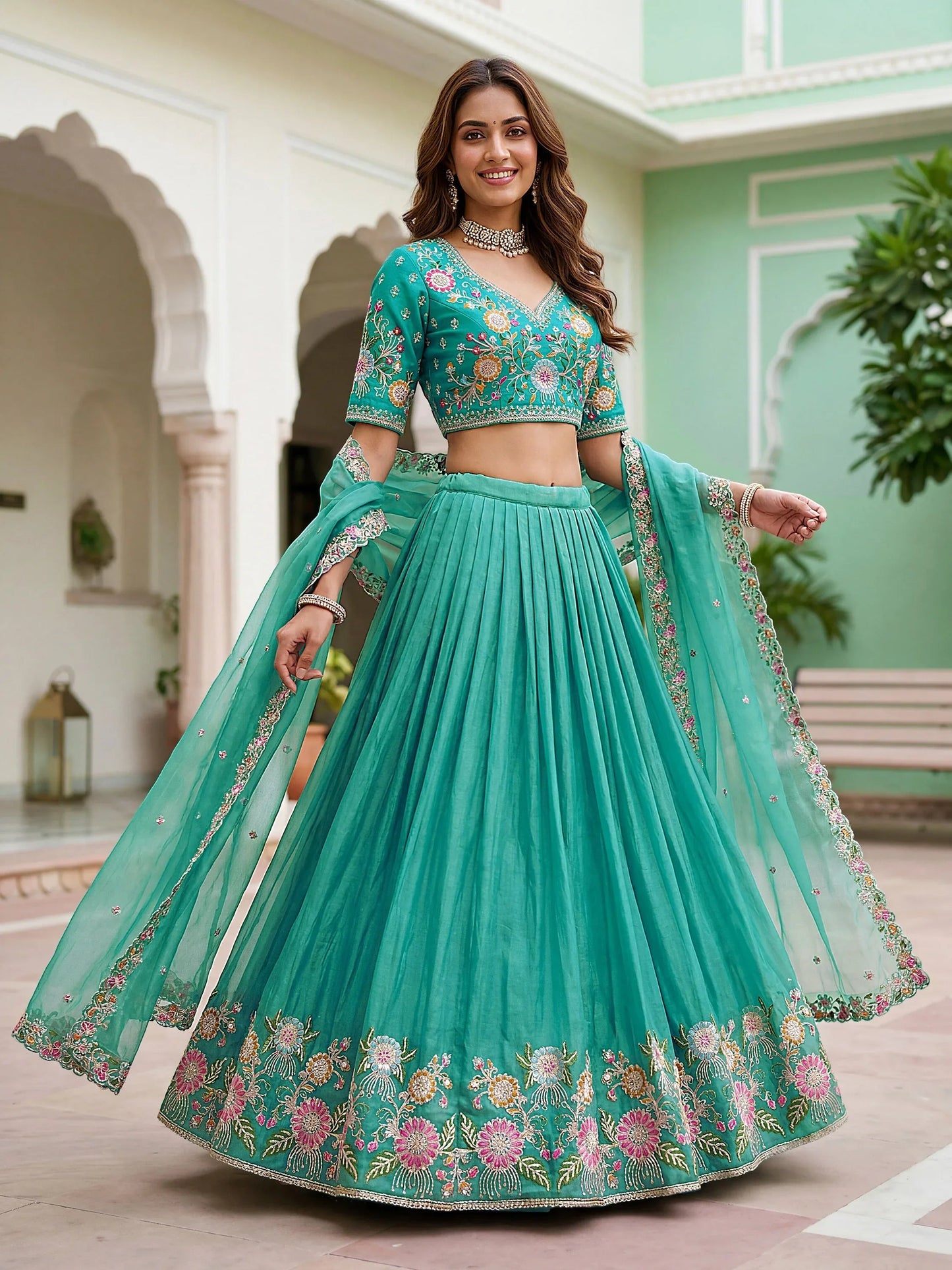 Tulsi Art Wonderful Sea Green Floral Embroidery Organza Lehenga Choli With Dupatta
