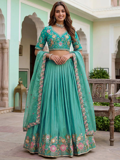 Tulsi Art Wonderful Sea Green Floral Embroidery Organza Lehenga Choli With Dupatta
