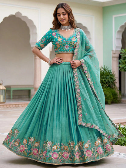 Tulsi Art Wonderful Sea Green Floral Embroidery Organza Lehenga Choli With Dupatta