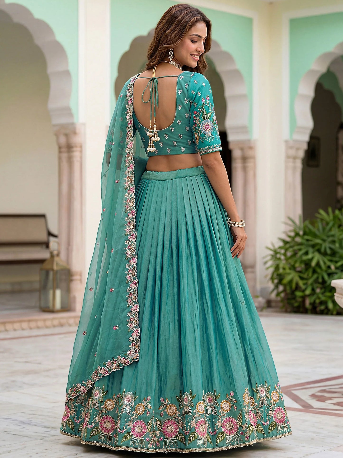 Tulsi Art Wonderful Sea Green Floral Embroidery Organza Lehenga Choli With Dupatta