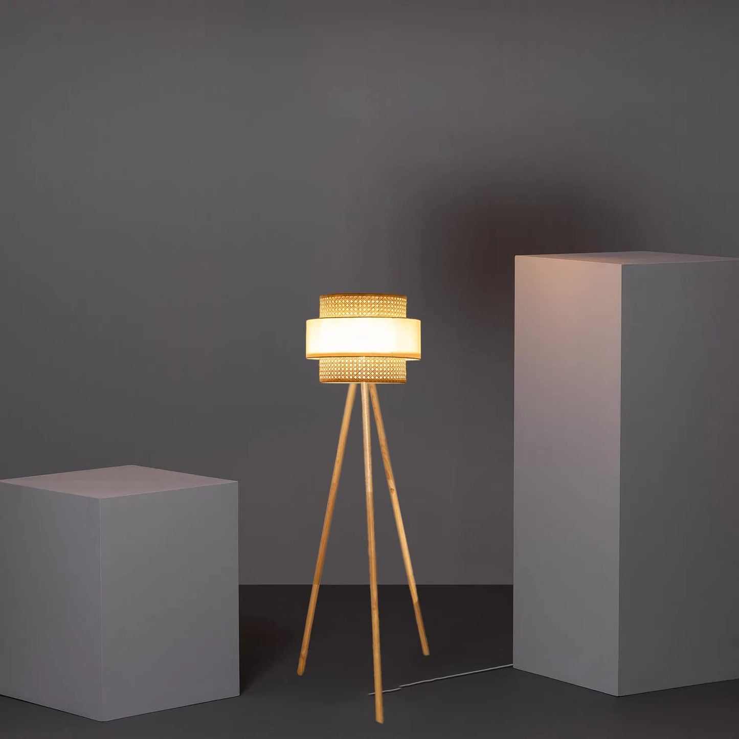 Standing Floor Lamp with Rattan Shade and Tripod Legs - Bamboo - 14" D x 11"