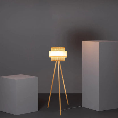 Standing Floor Lamp with Rattan Shade and Tripod Legs - Bamboo - 14" D x 11"