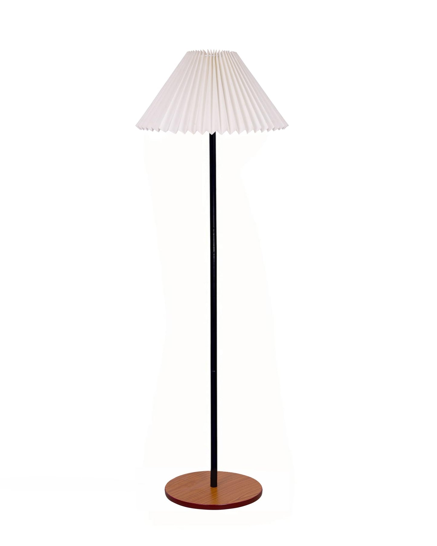 Modern Floor Lamp with Pleated Fabric Shade, Black Mild Steel & Wood Base, 127 cm Tall