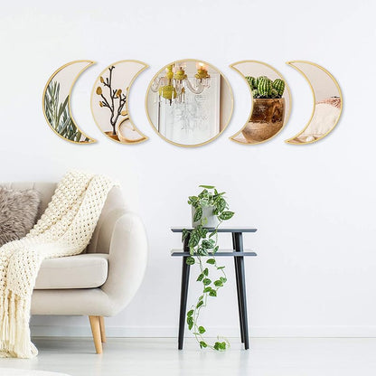 Wall Mirror Set - Modern Gold Framed Multi Shape Glass Mirrors - 5 Pieces - Wall Mounted Decor