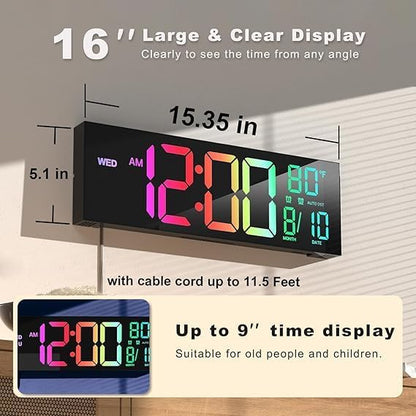Digital Wall Clock with Remote Control, 15-Inch LED Display, Auto Brightness, Wall-Mounted or Desktop