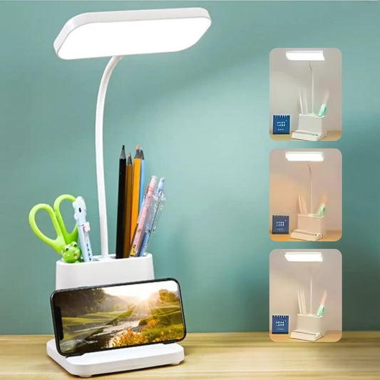 LED Desk Lamp with Touch Sensor & Pen Holder - Adjustable Neck, 3 Color Modes, USB Rechargeable
