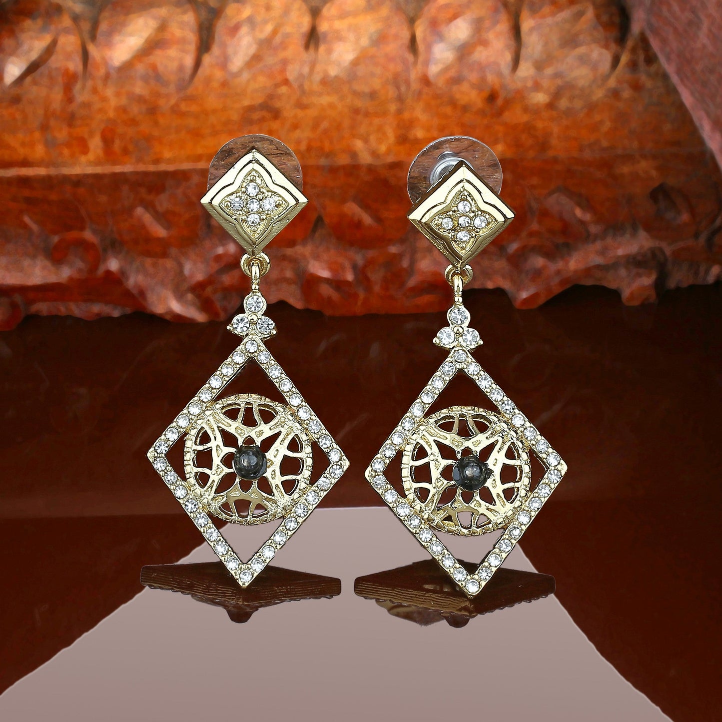 Estele Gold Plated Diamond Dangle Earrings for Women | Wheel Design for Sophisticated Style