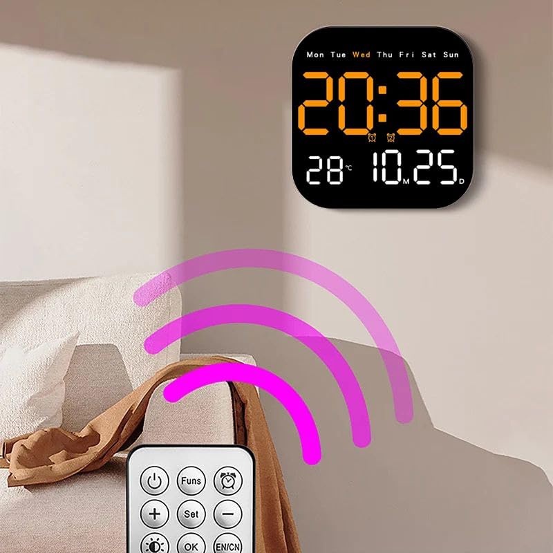 Digital Wall Clock with LED Display, 18.5 cm, Remote Control, USB Powered, Multicolor