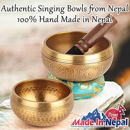 Tibetan Singing Bowl Set - 4" & 3.15" Handcrafted Metal Bowls with Cushion & Striker for Meditation