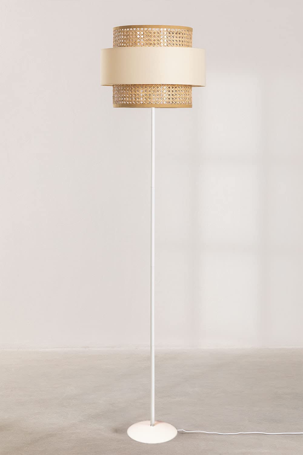 Standing Floor Lamp with Rattan Shade and Bamboo Base - 14" D x 12" - Beige