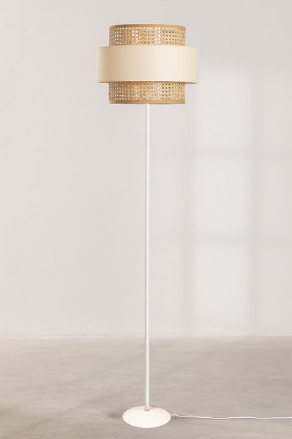 Standing Floor Lamp with Rattan Shade and Bamboo Base - 14" D x 12" - Beige