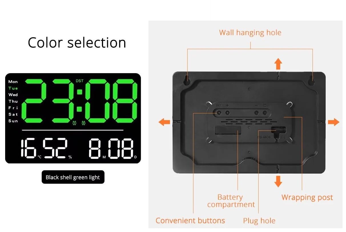 Digital Wall Clock with Remote Control, 33 x 22 x 3 cm, Automatic Brightness, Dual Alarm, Battery Backup