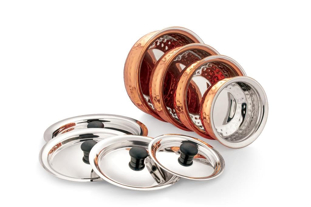 Dynore Stainless Steel Copper Plated Hammered Finish Handi Set with SS lid- Set of 4