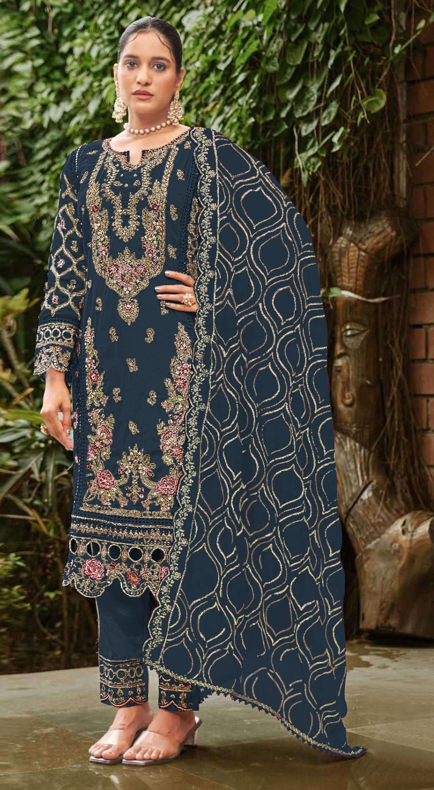 Anaita Navy Faux Georgette Suit with Embroidery & Sequence Work