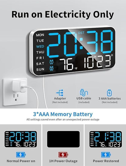9-Inch LED Digital Wall Clock with Date, Temperature, Dual Alarms, Voice Control, USB Powered