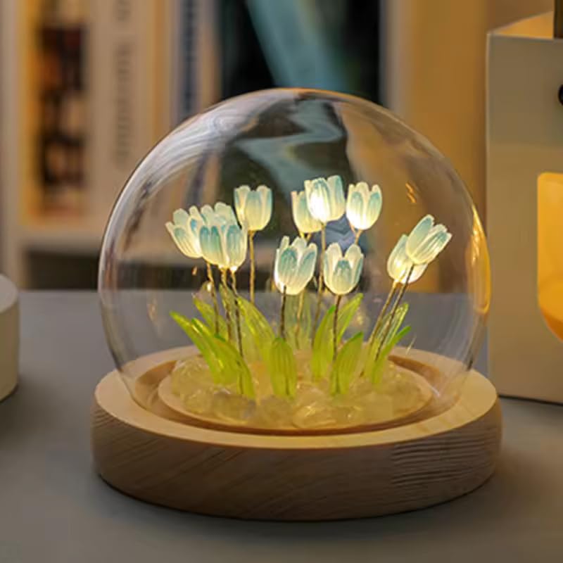 Tulip LED Night Light - Decorative Glass Table Lamp with Artificial Flowers - 8 cm - Blue