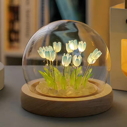 Tulip LED Night Light - Decorative Glass Table Lamp with Artificial Flowers - 8 cm - Blue