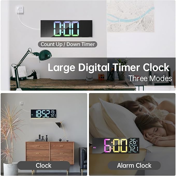 Digital Wall Clock with Remote Control, 15-Inch LED Display, Auto Brightness, Wall-Mounted or Desktop