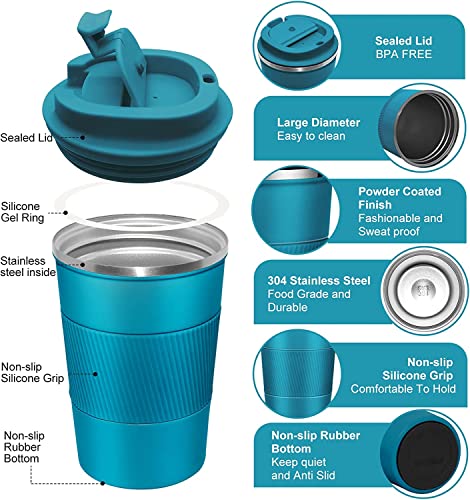 Insulated Coffee Mug with Leakproof Lid, Stainless Steel, Blue, 380 ml