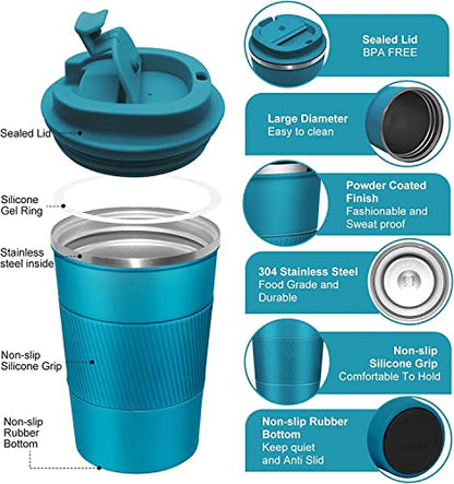 Insulated Coffee Mug with Leakproof Lid, Stainless Steel, Blue, 380 ml
