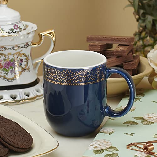 Coffee Mug Aesthetic Design with Golden Border, Bone Free, 300 ml, Prussian Blue