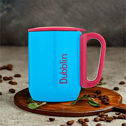 Coffee Mug Double Wall Insulated Stainless Steel Blue 220 ML with Handle and Lid