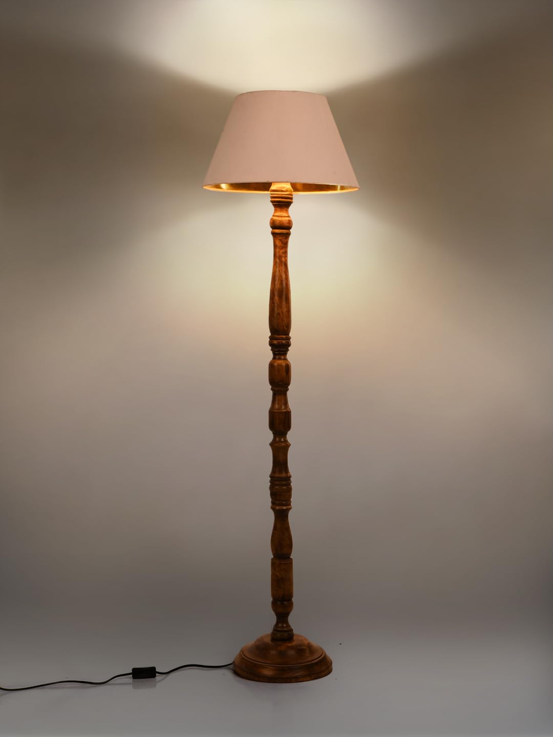 Wooden Floor Lamp with Cotton Shade in Walnut Brown - 9x15x55 inches - E27 Base