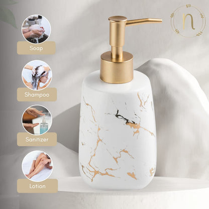Ceramic Soap Dispenser with Pump - Marble Finish - 350ml - 6.8cm Diameter x 17.2cm Height