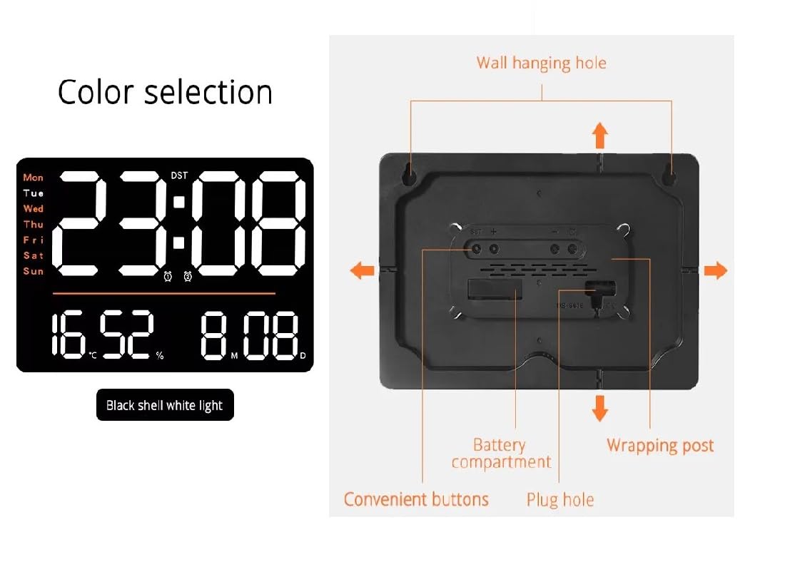 Digital Wall Clock with Remote Control, 33 x 22 x 3 cm, Multi-Color Display, Dual Alarms, Automatic Brightness