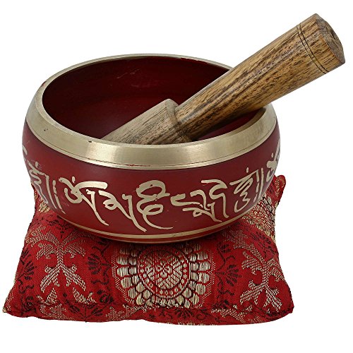 Singing Bowl Set - Hand-Painted Brass Bowl with Wooden Stick & Cushion - 10.2cm Red