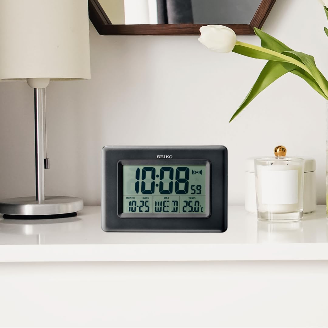 Seiko Digital Alarm Table Clock with Calendar, Hygrometer & Thermometer - Black - 25 x 2.7 x 17 cm