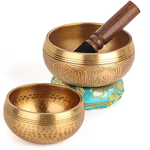 Tibetan Singing Bowl Set - 4" & 3.15" Handcrafted Metal Bowls with Cushion & Striker for Meditation