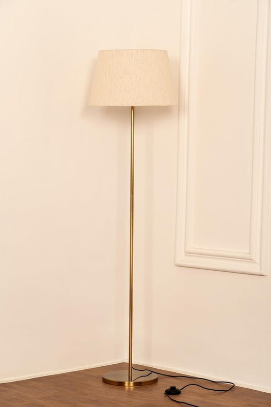Floor Lamp LED Antique Brass Finish 5Ft Height with 12 Inch Off White Lampshade