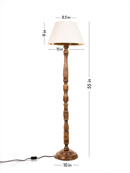 Wooden Floor Lamp with Cotton Shade in Walnut Brown - 9x15x55 inches - E27 Base