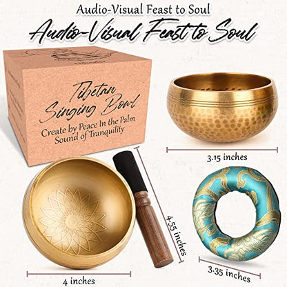 Tibetan Singing Bowl Set - 4" & 3.15" Handcrafted Metal Bowls with Cushion & Striker for Meditation