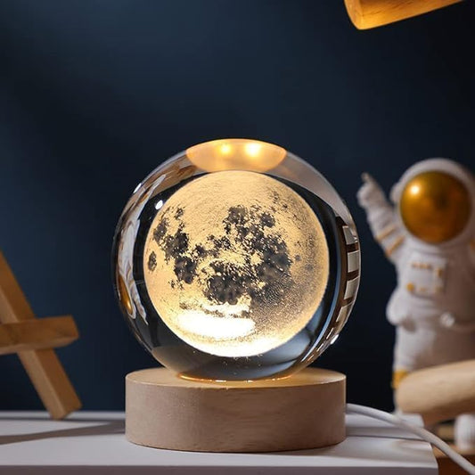 3D Crystal Ball Night Lamp with Wooden Base - 6 cm LED Warm White Light