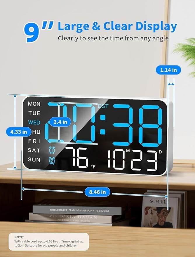 9-Inch LED Digital Wall Clock with Dual Alarms, Voice Control, and Temperature Display