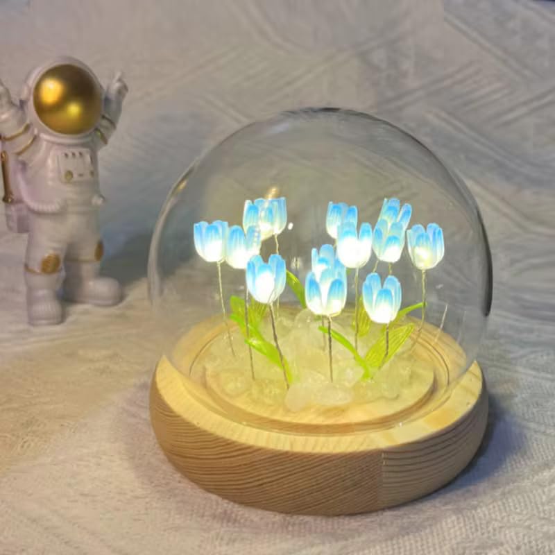 Tulip LED Night Light - Decorative Glass Table Lamp with Artificial Flowers - 8 cm - Blue