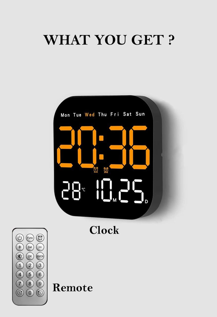 Digital Wall Clock with LED Display, 18.5 cm, Remote Control, USB Powered, Multicolor