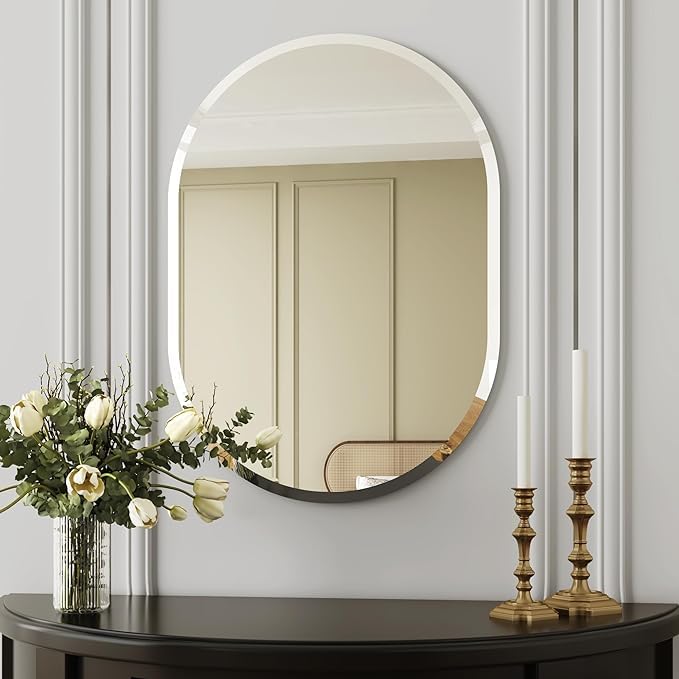 Frameless Oval Wall Mirror with Polished Edge - 14x20 Inch - Modern Design for Bathroom, Bedroom, Living Room