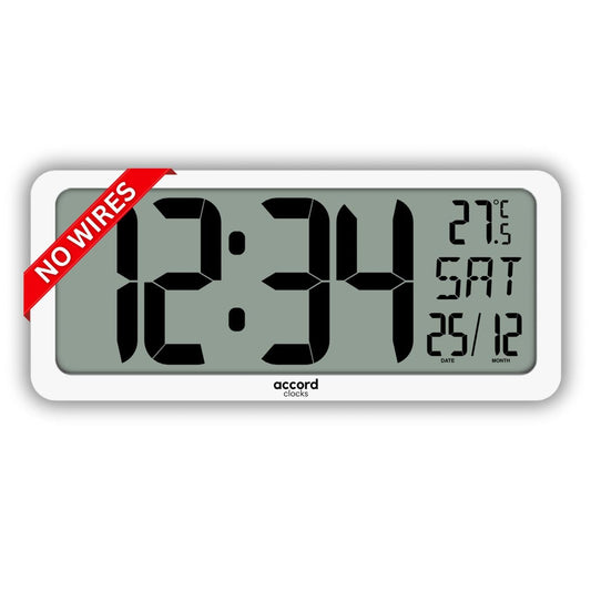 Large Digital Wall Clock 14-Inch – Battery Operated (No Wires), Big Display with Alarms, Day & Date (Indian Format), Room Temperature – Plastic, White