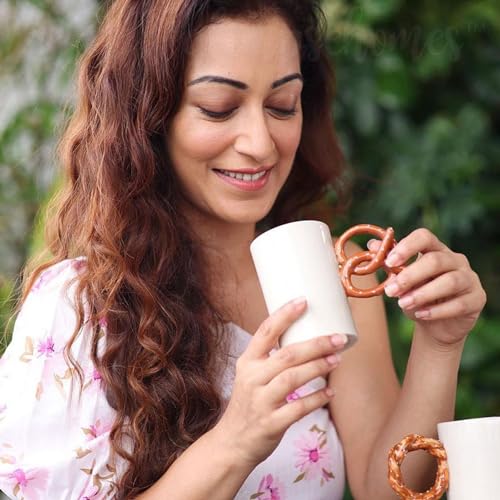 Coffee Mug Set of 2 - Ceramic Pretzel & Bagel Design - 250 ml Capacity
