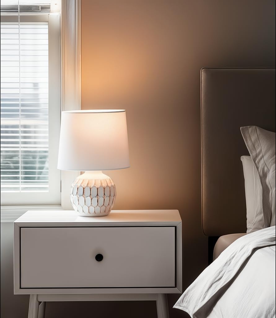 LED Table Lamp with Cotton Fabric Shade and Ceramic Base - White - Modern Design