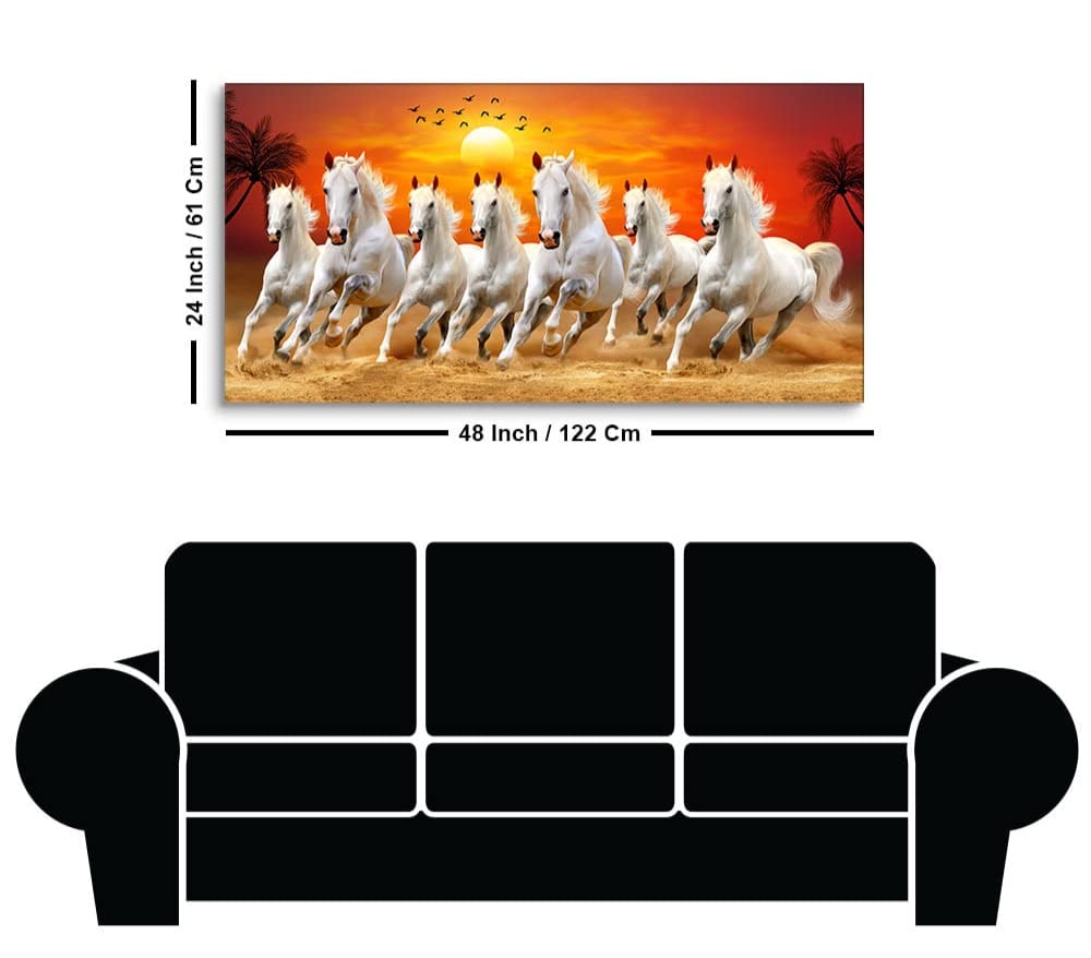 Canvas Wall Painting Seven Running Horses at Sunrise with Wooden Frame 48x24 inches