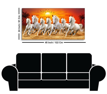 Canvas Wall Painting Seven Running Horses at Sunrise with Wooden Frame 48x24 inches