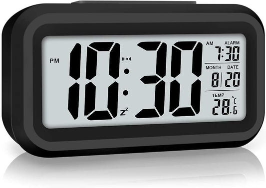 Digital Alarm Clock with Automatic Sensor, Date and Temperature Display, Compact Desk/Table Clock for Students, Home, Office, Bedroom, Living Room, Home Décor, and Corporate Use (Black)