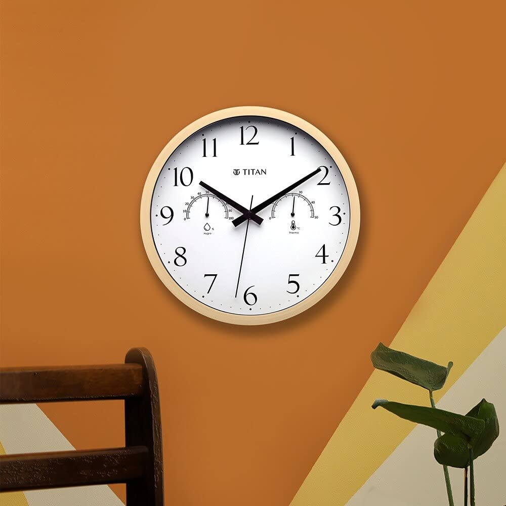 Titan Contemporary Wooden Finish White Wall Clock with Thermometer & Hygrometer - 30 cm - Analog